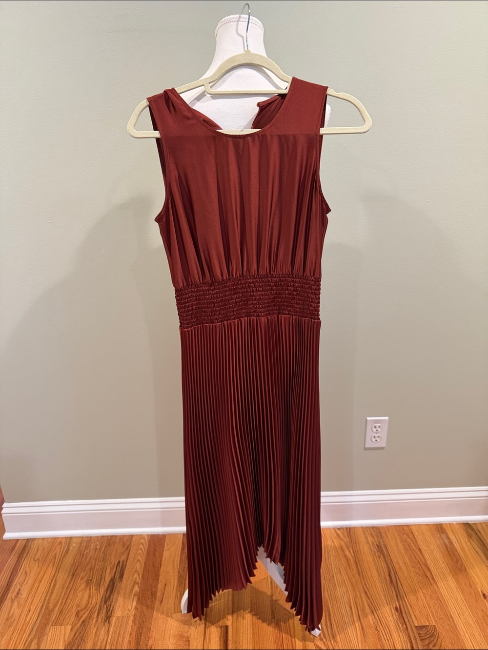 Express Rust Asymmetrical Pleated Midi Dress